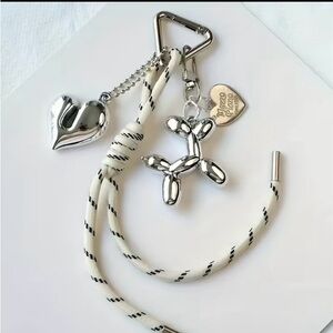 NEW Silver Balloon Dog & Heart Keychain with Black-Trim White Cord